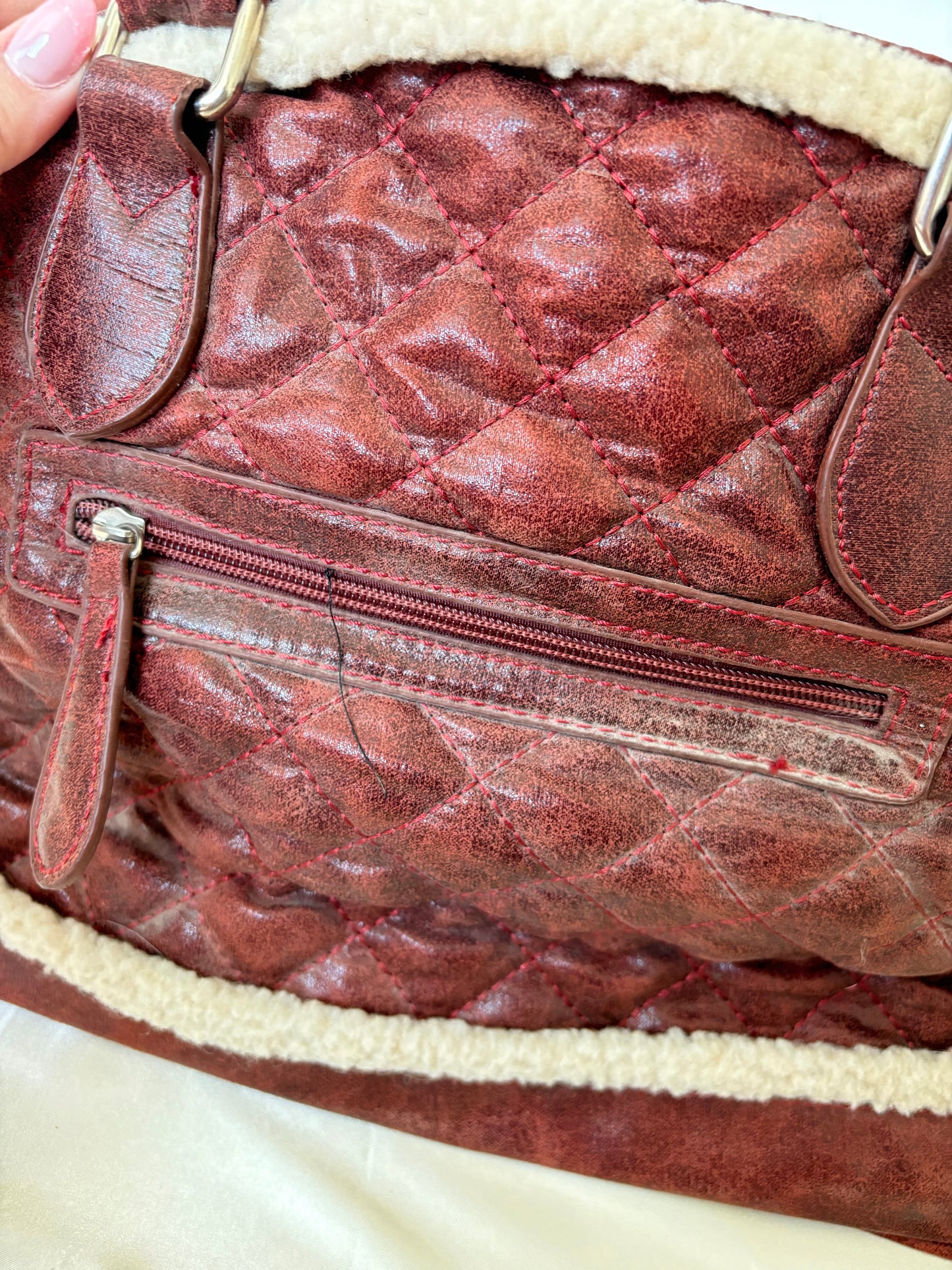 Vintage Burgundy Sherpa Quilted Patterned Bag