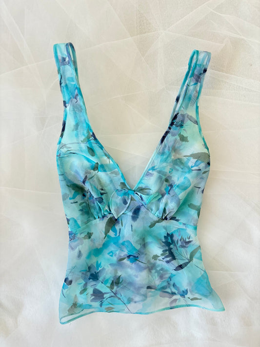 Vintage Blue Floral Sheer Halter Top (Medium)