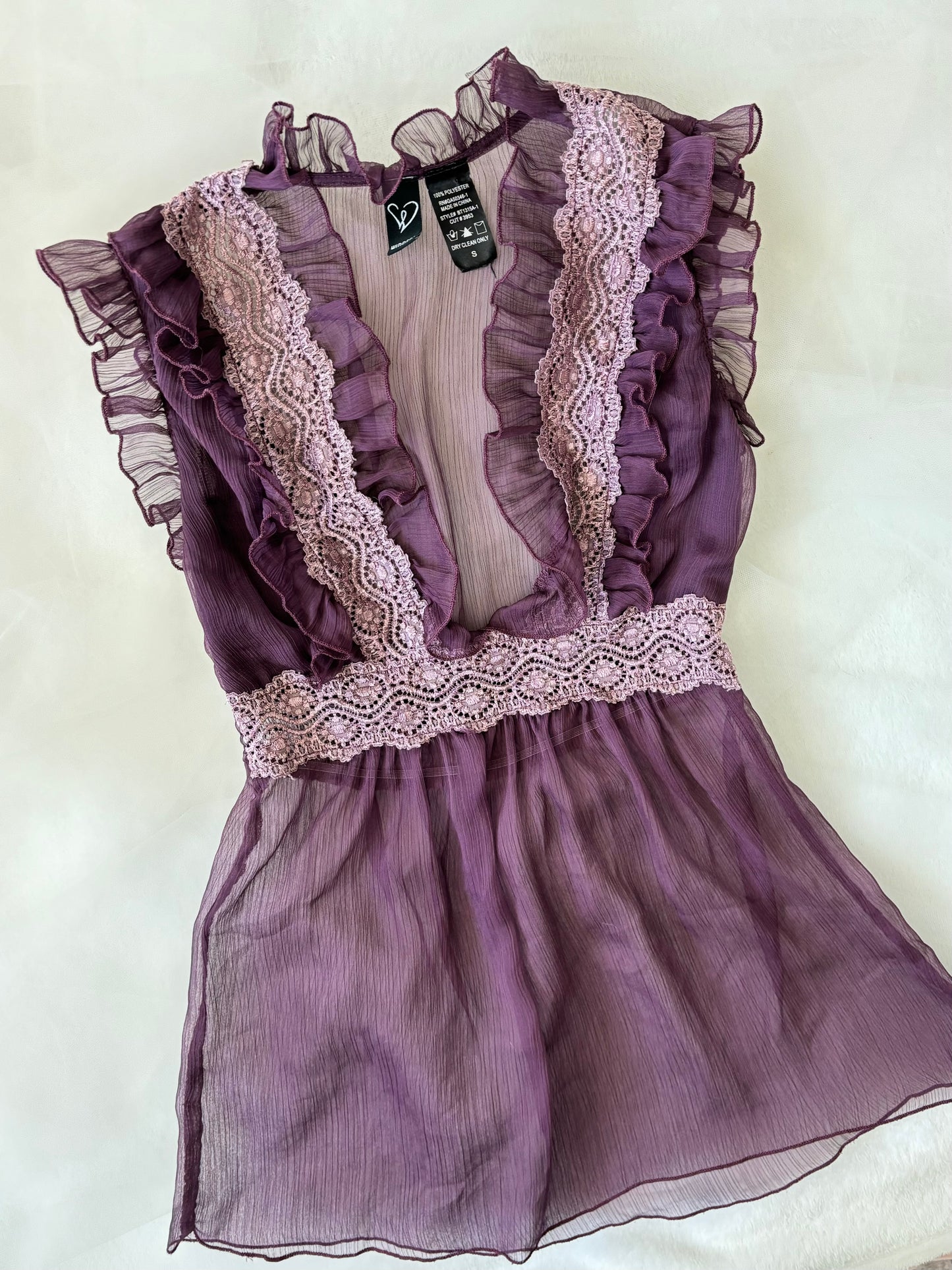 Y2K Sheer Ruffle Royal Purple Blouse Top (Small)