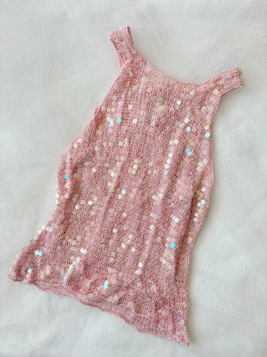 Vintage Sequin Baby Knit Mermaid Pink Tank Top (Small)