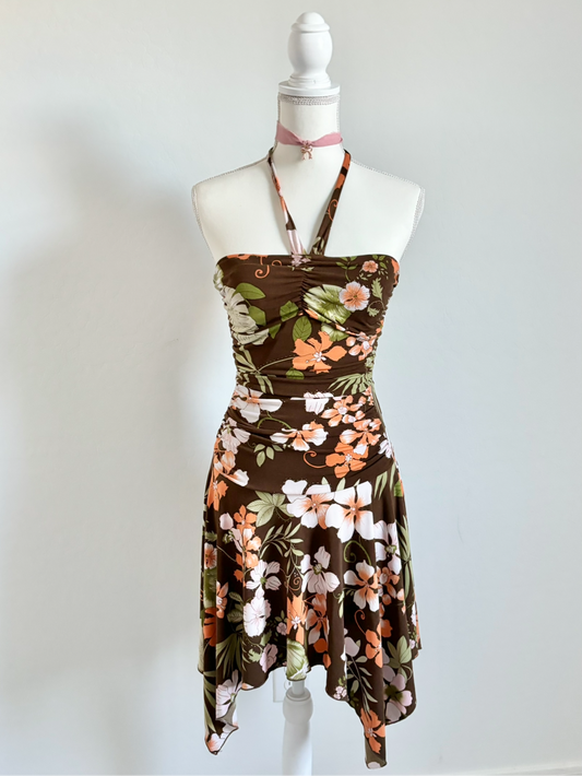 Vintage Floral Brown Whimsical Halter Dress (Small)