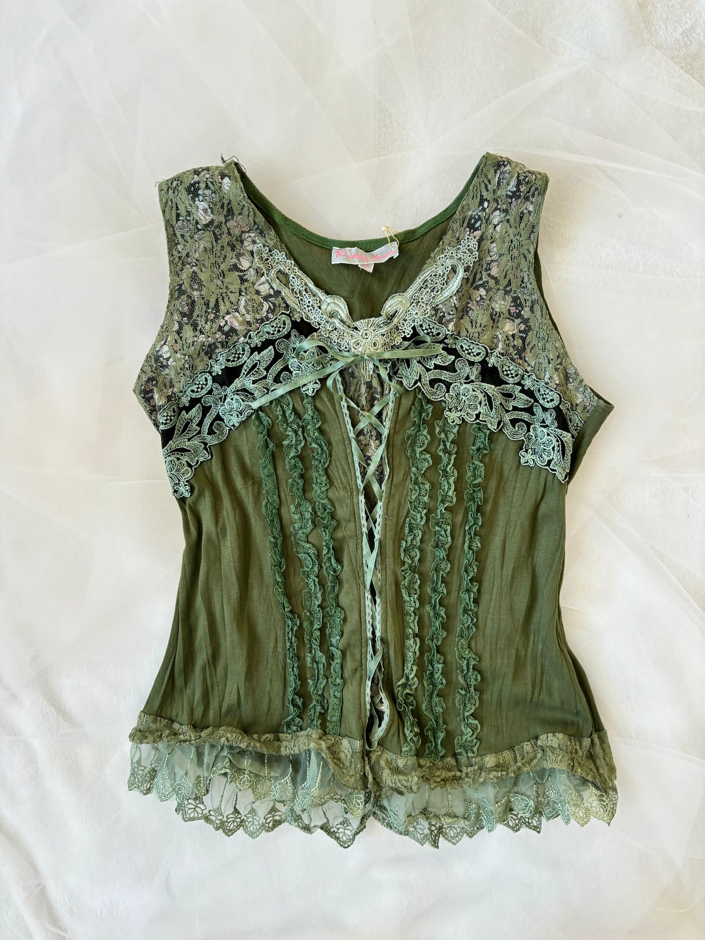 Vintage Fairy Green Lace Tank Stretchy Top (Large)