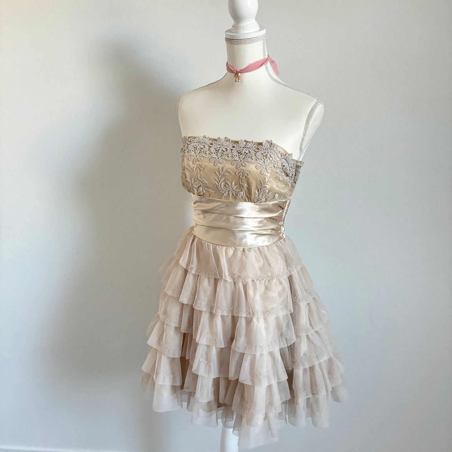 Vintage Gold Tulle Mini Ruffle Dress (8)