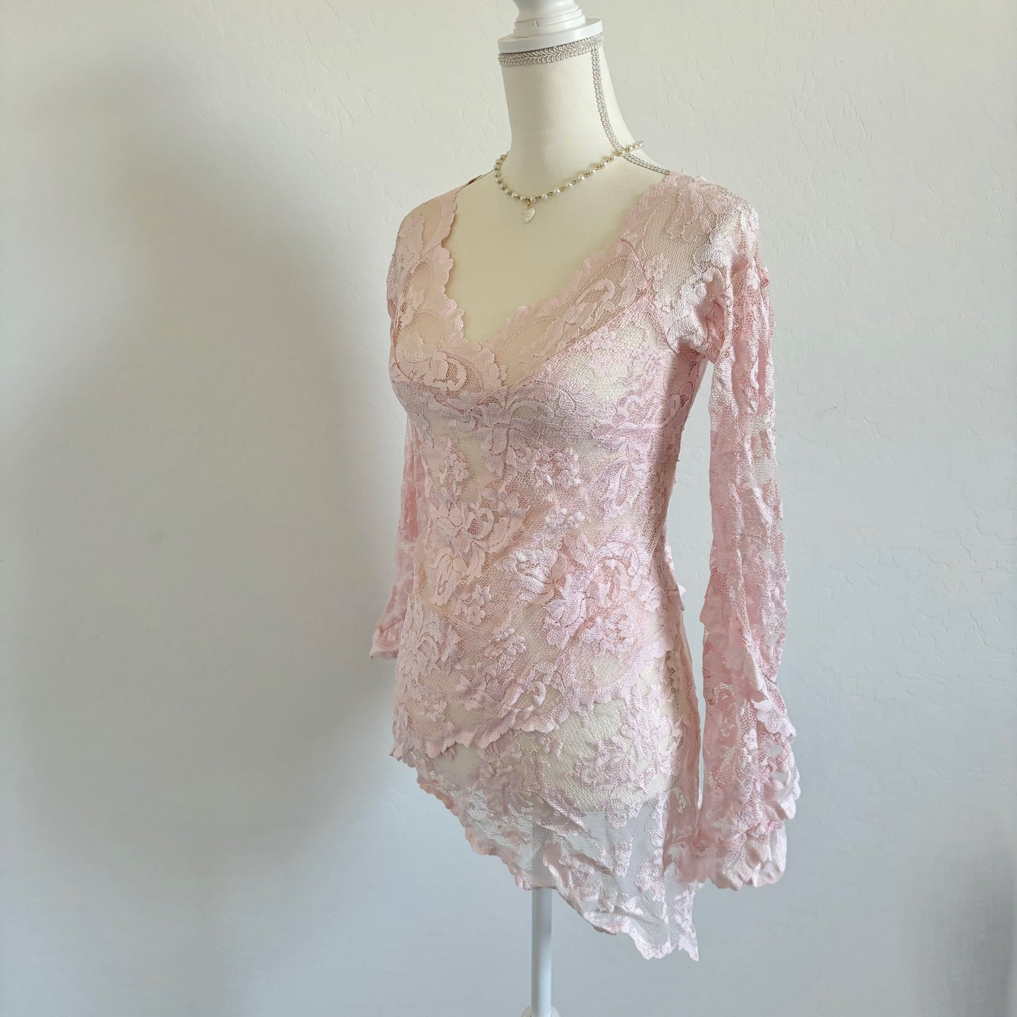 Pink Pastel Fairy Asymmetrical Longsleeve Floral Lace Top (Medium)