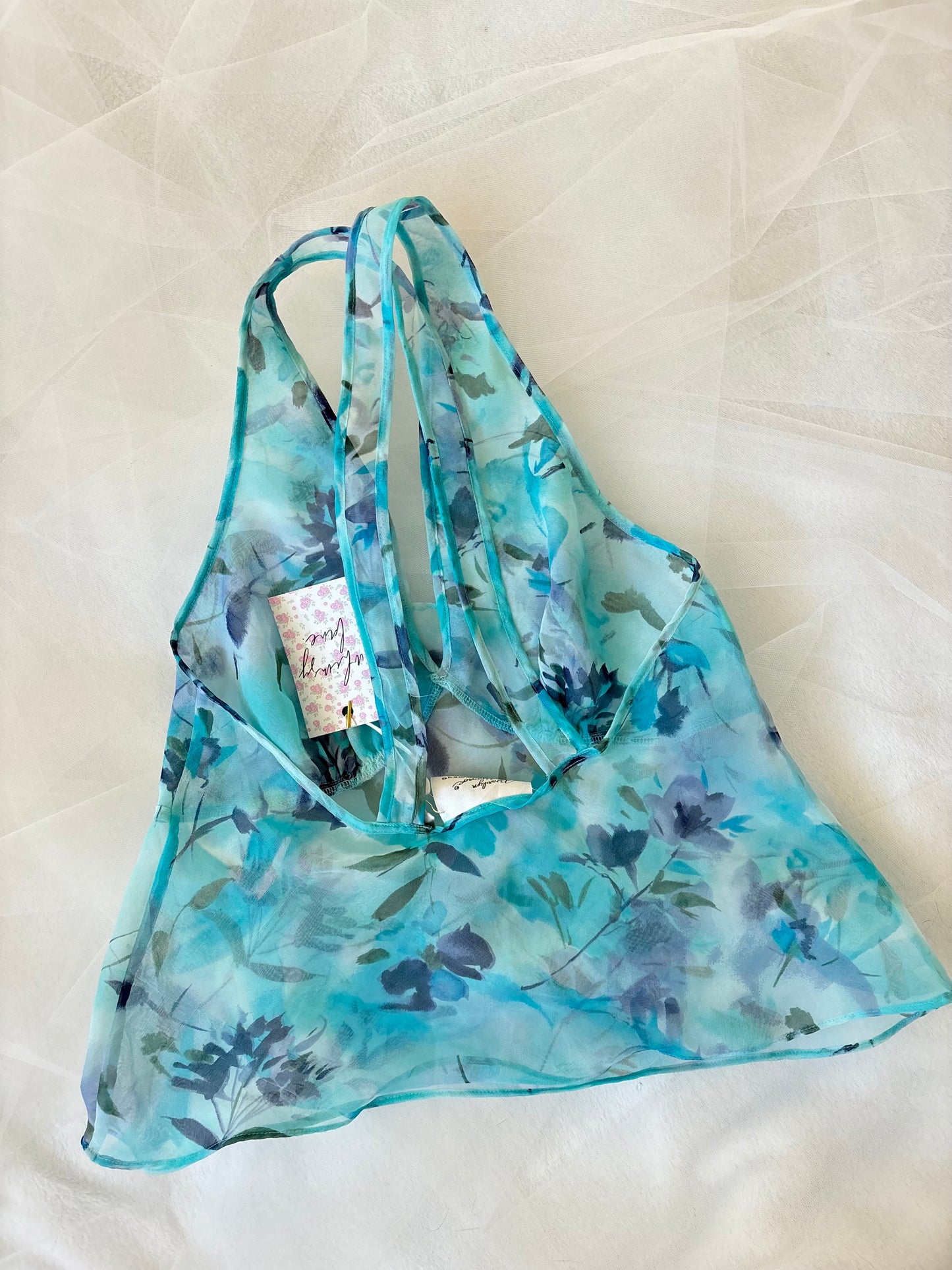 Vintage Blue Floral Sheer Halter Top (Medium)