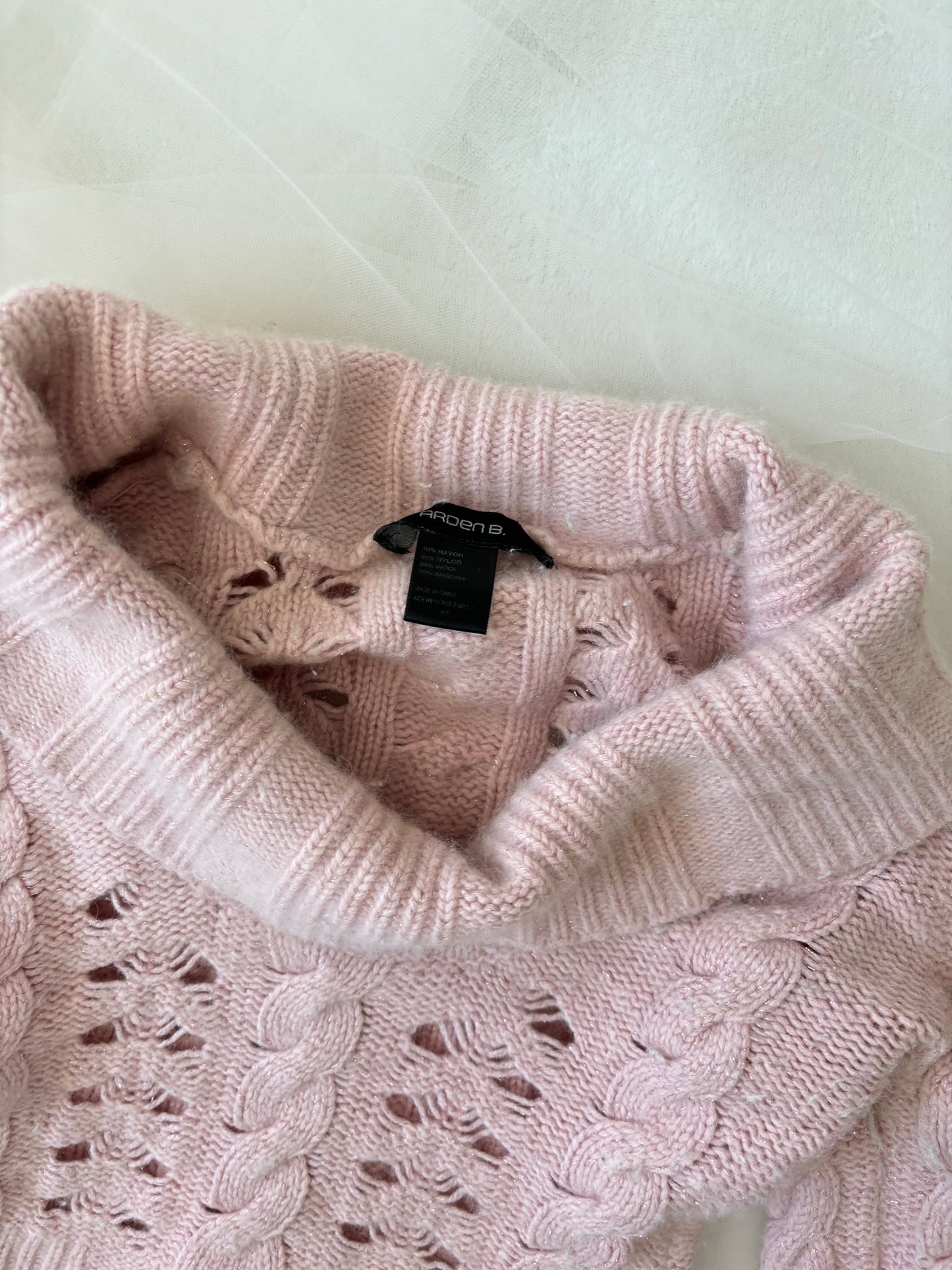 Y2K Baby Pink Balletcore Turtleneck Cable-knit Crop Sweater (Extra Small)