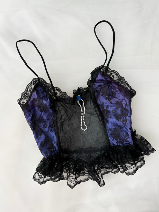 Vintage 1980’s Purple & Black Lace Lingerie Mesh Top (Large)