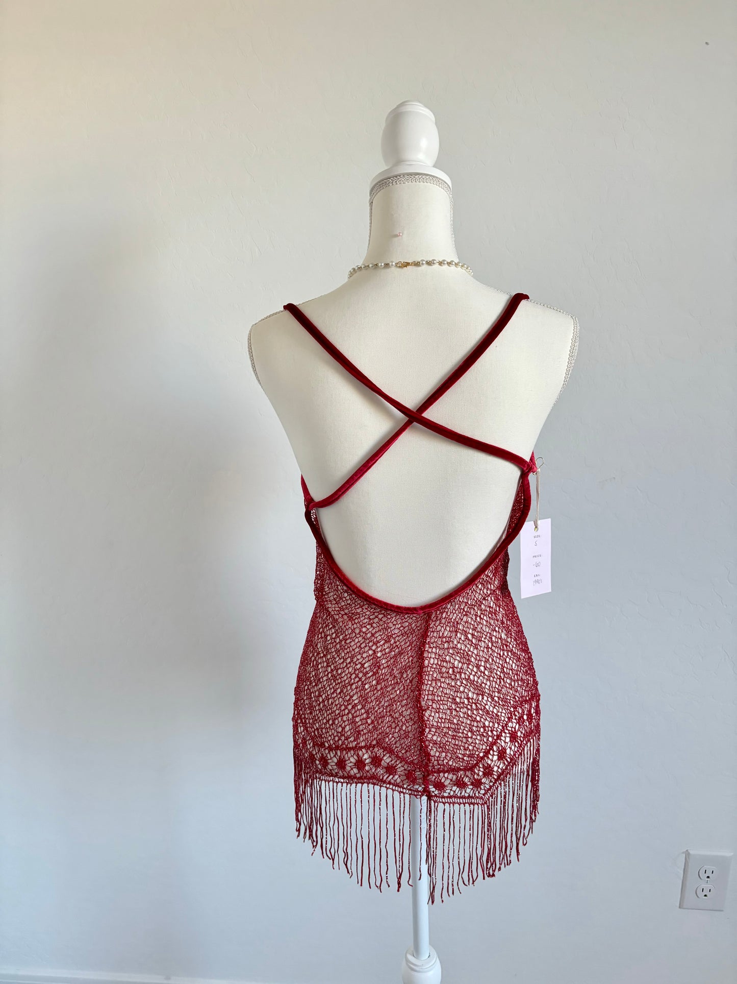 Red Fringe Fishnet Mini Lingerie Velvet Dress (Small)