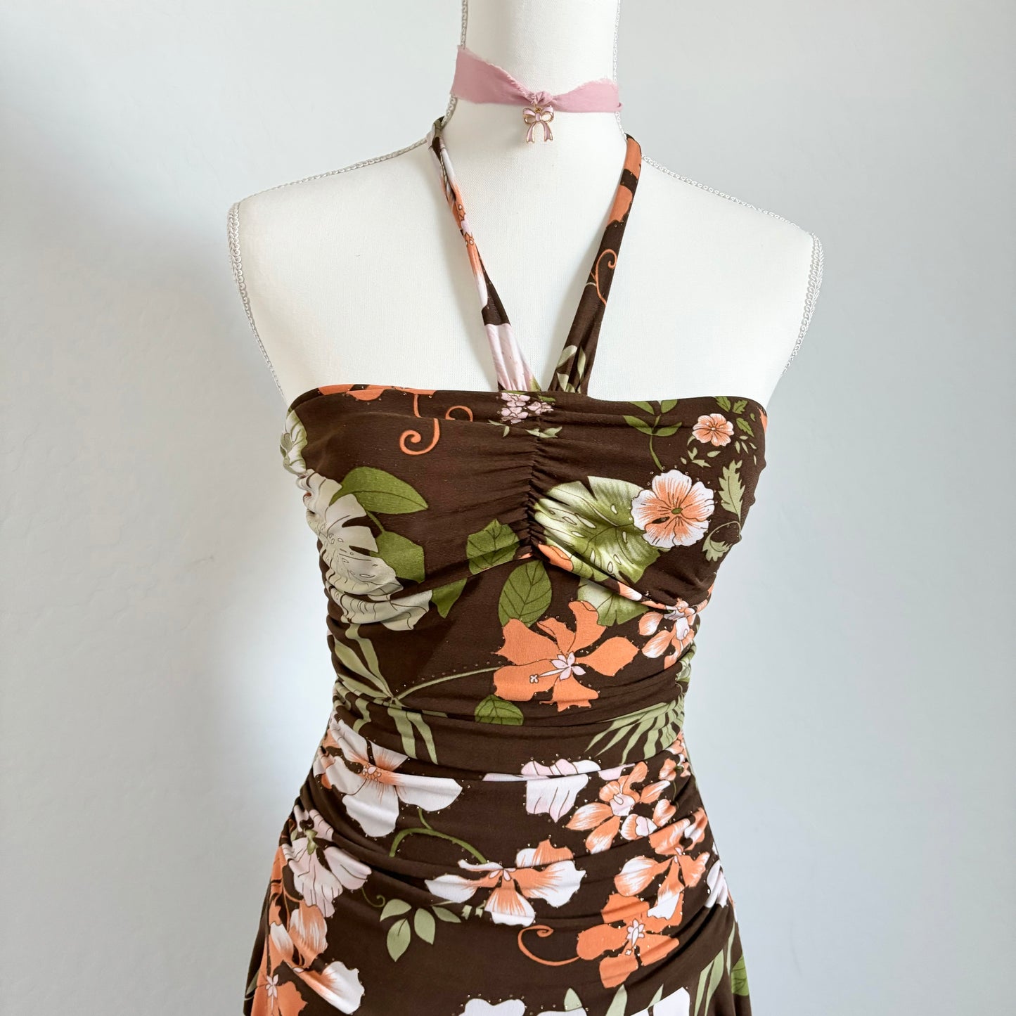 Vintage Floral Brown Whimsical Halter Dress (Small)