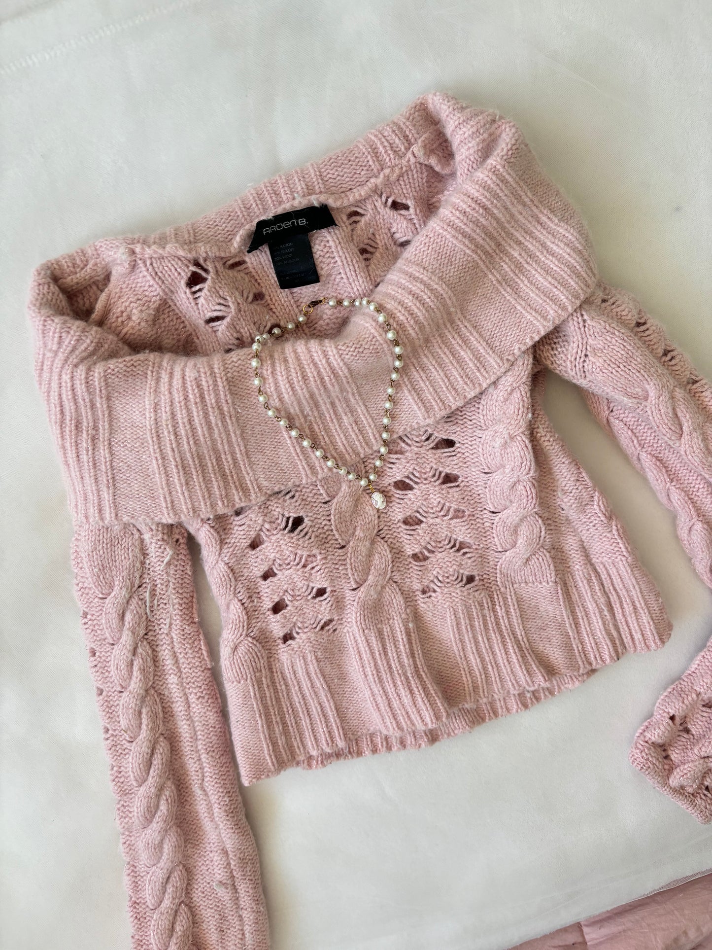 Y2K Baby Pink Balletcore Turtleneck Cable-knit Crop Sweater (Extra Small)