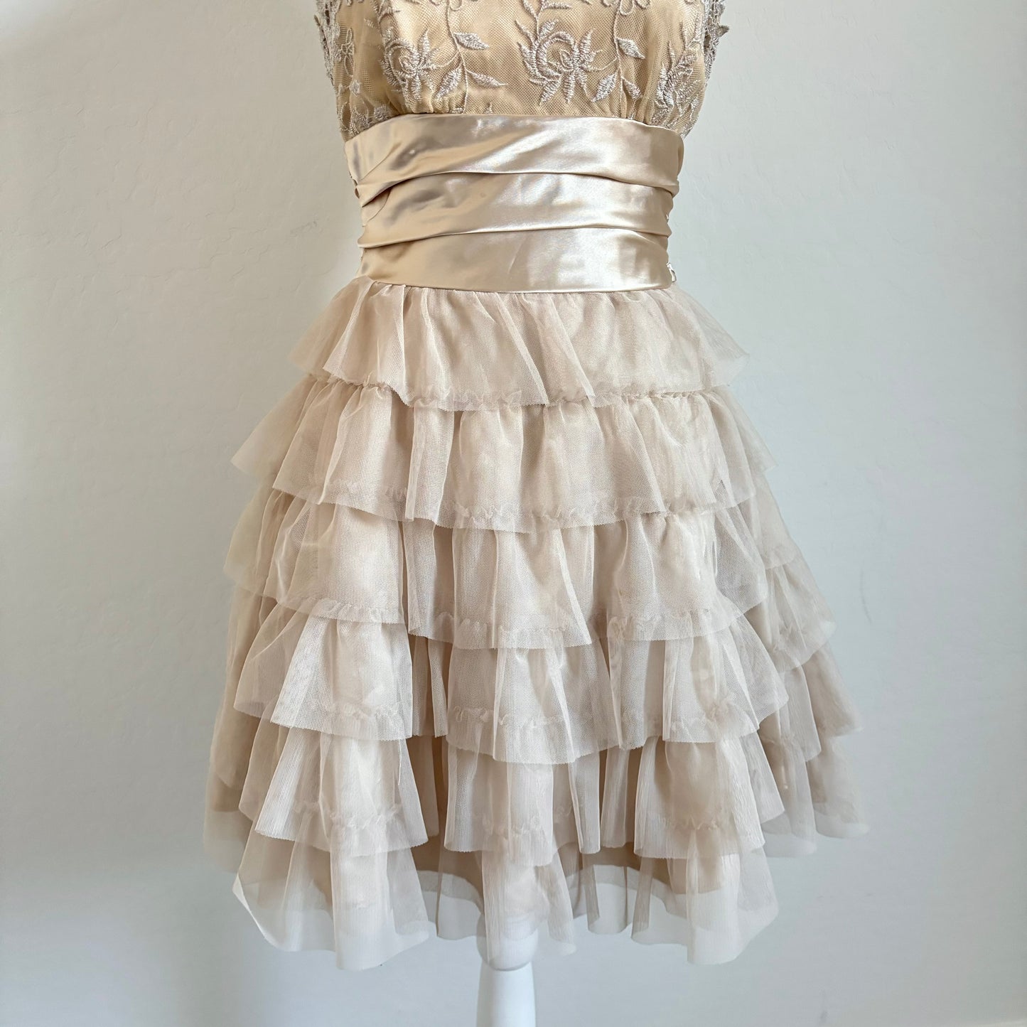 Vintage Gold Tulle Mini Ruffle Dress (8)