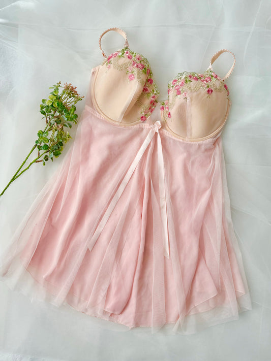 Vintage Embroidered Pink Floral Babydoll Sheer Mini Lingerie Dress (2XL)