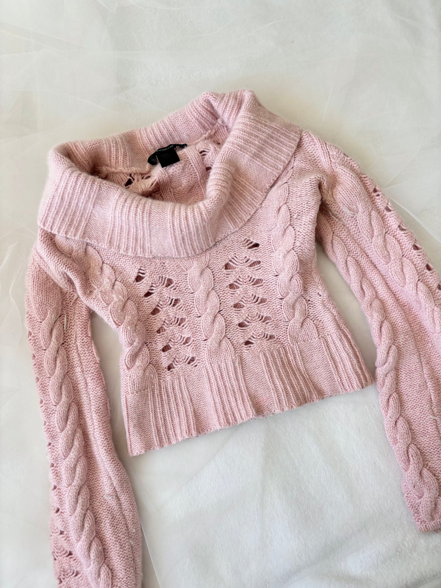 Y2K Baby Pink Balletcore Turtleneck Cable-knit Crop Sweater (Extra Small)