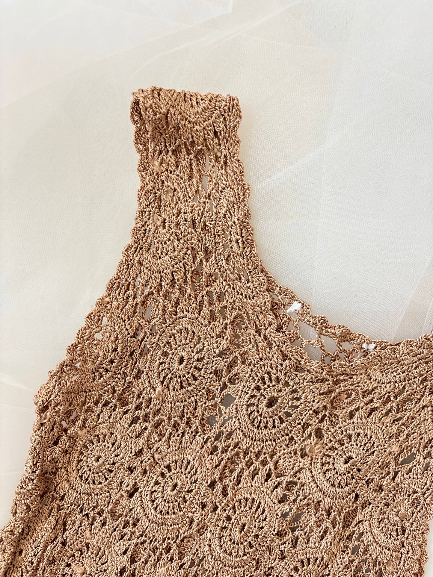 Vintage Brown Crochet Knit Tank See Through Tank Top (Small)