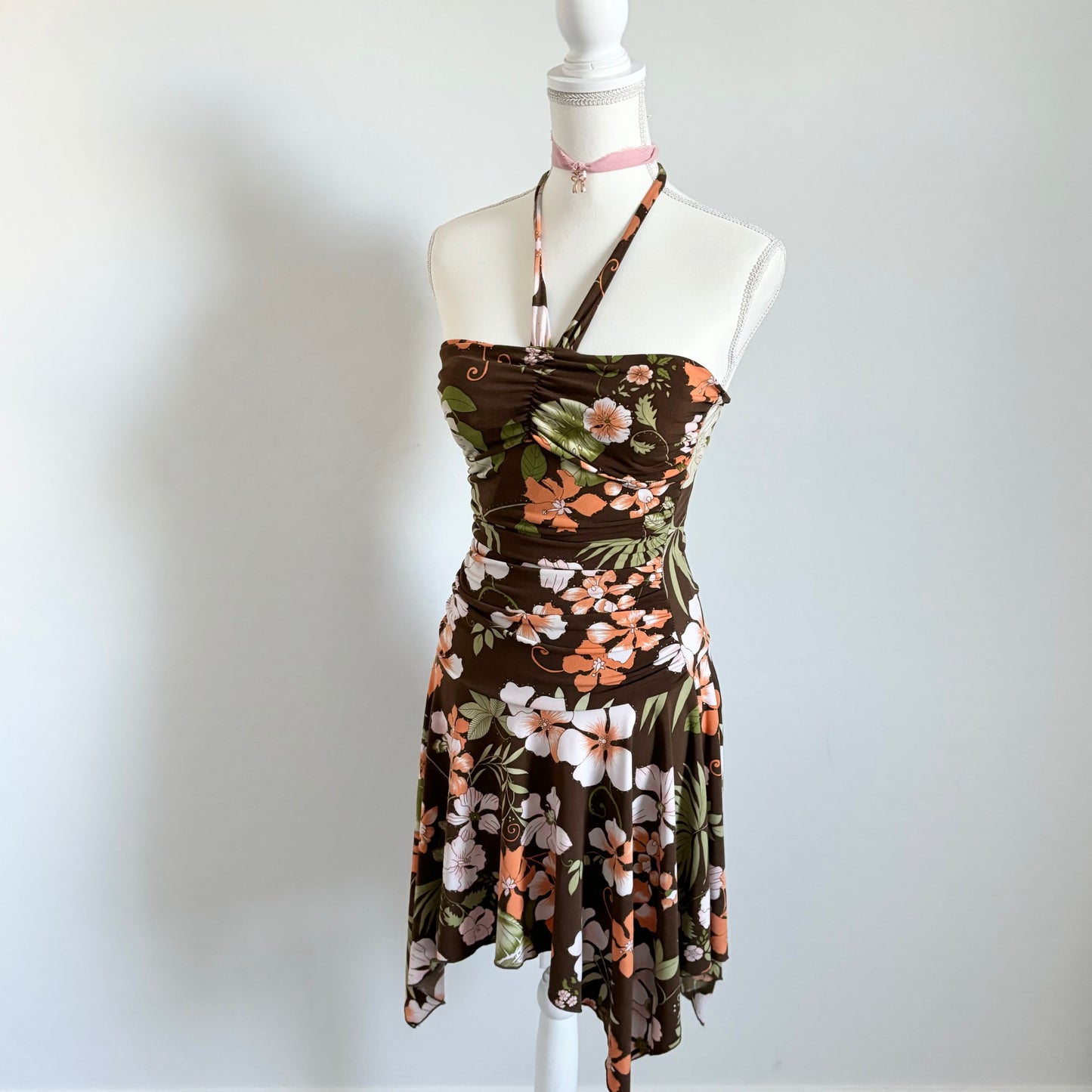 Vintage Floral Brown Whimsical Halter Dress (Small)