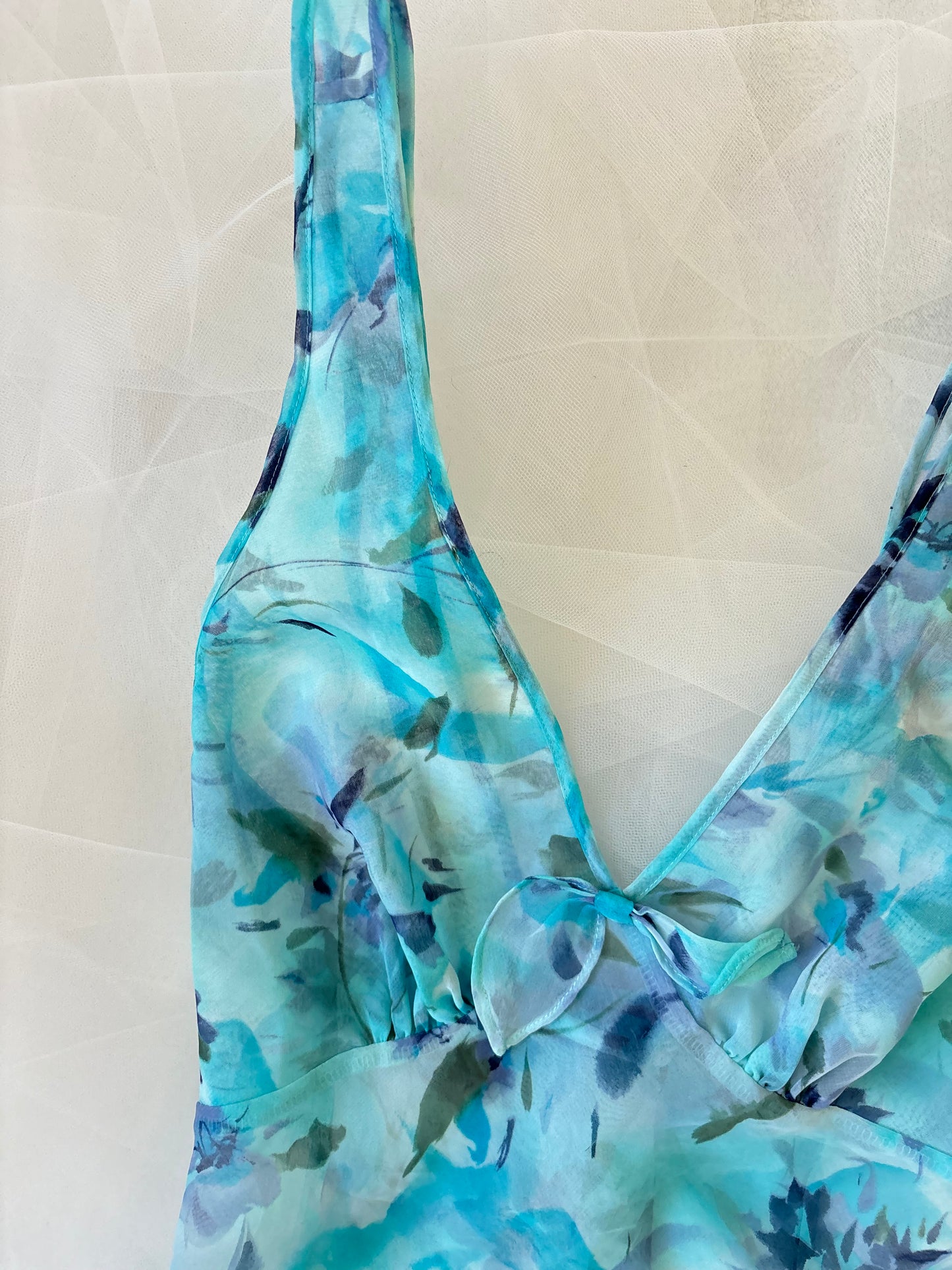 Vintage Blue Floral Sheer Halter Top (Medium)