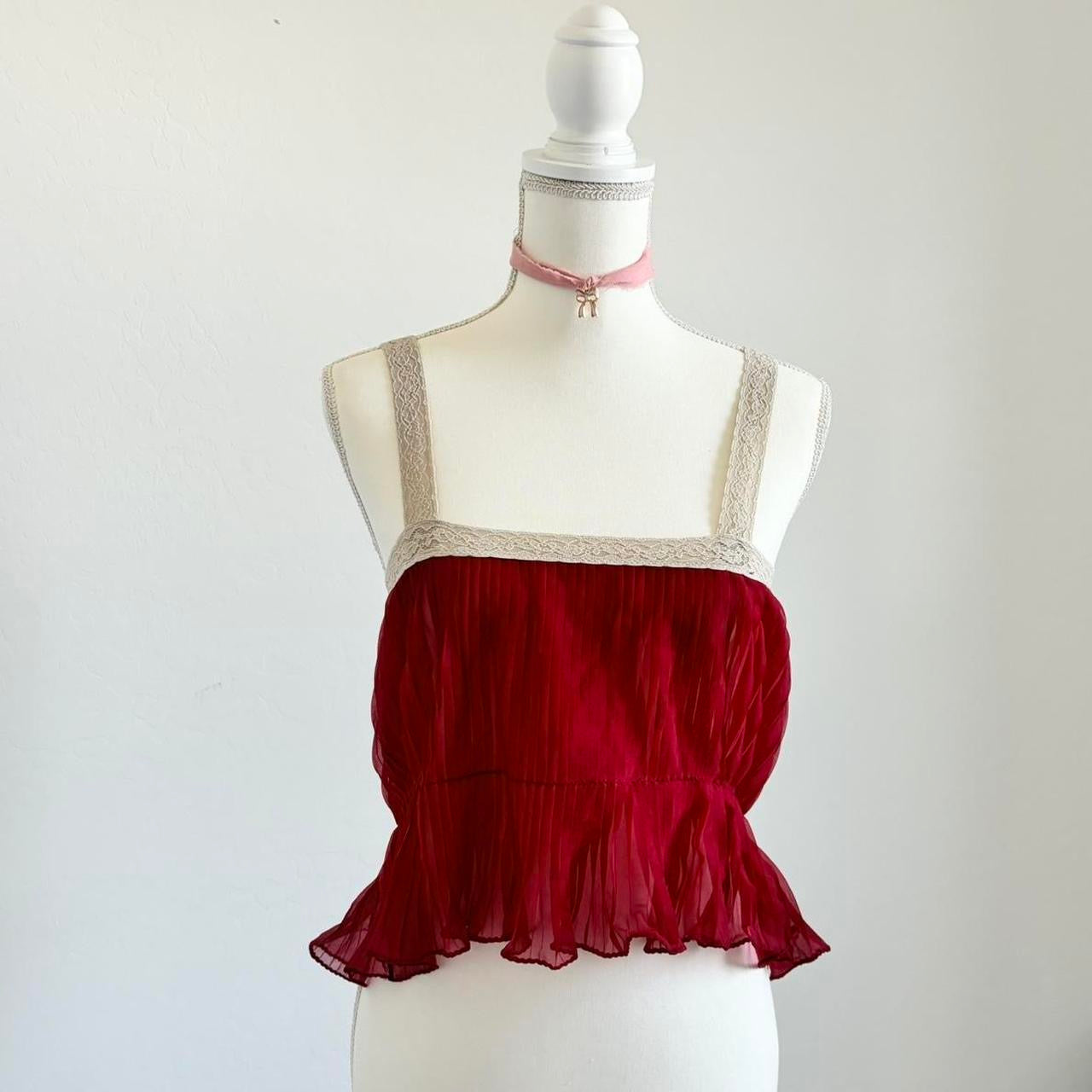 Vintage 60’s Prairie Pleated Camisole Red Velvet Top (Medium)