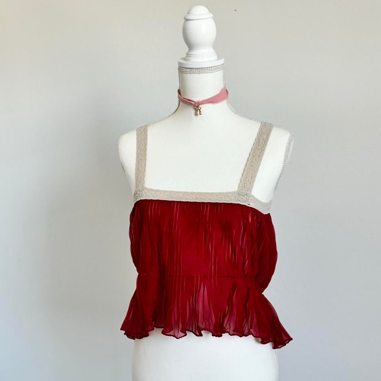 Vintage 60’s Prairie Pleated Camisole Red Velvet Top (Medium)