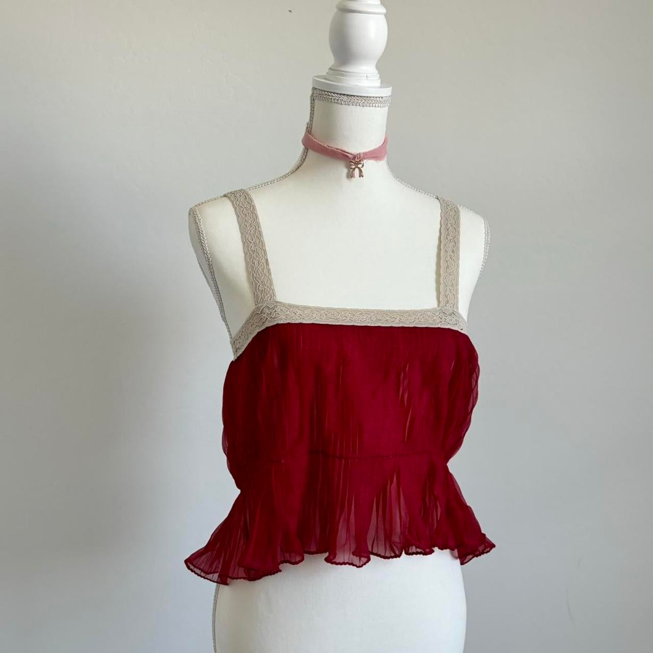 Vintage 60’s Prairie Pleated Camisole Red Velvet Top (Medium)