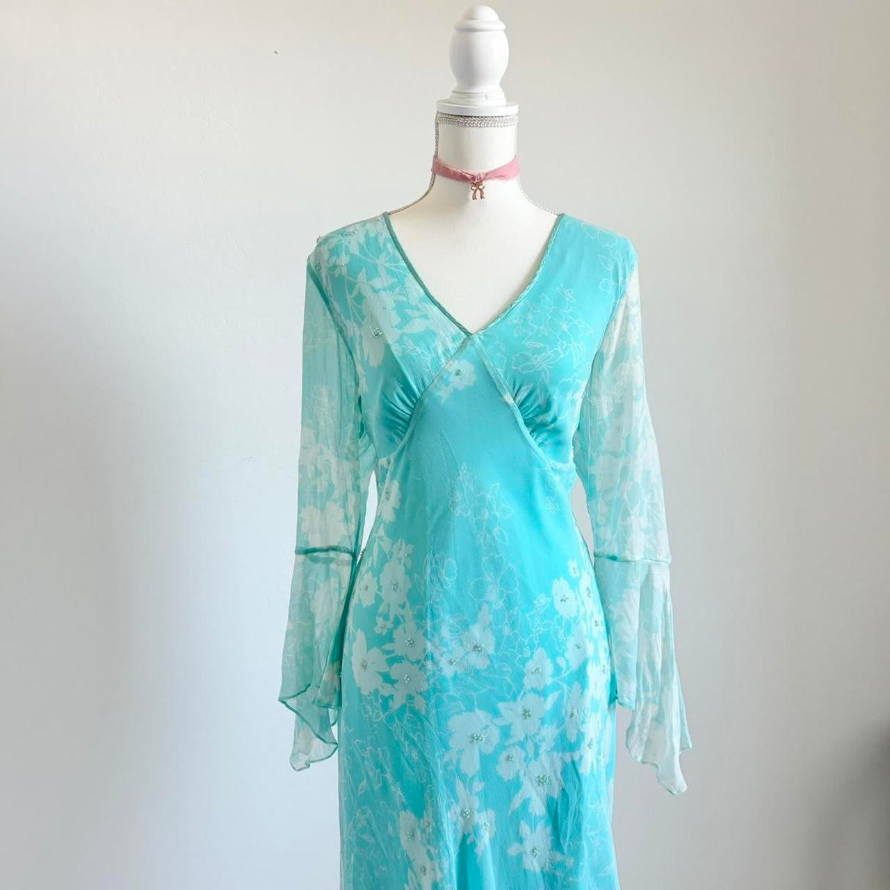 Vintage 90’s Silk Fairy Floral Aqua Dress (Extra Large)