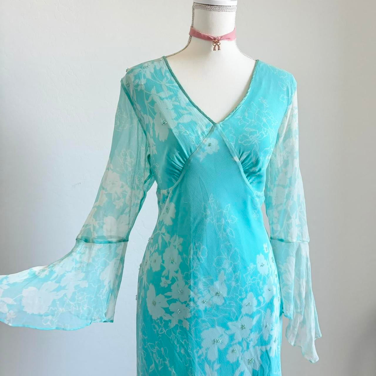 Vintage 90’s Silk Fairy Floral Aqua Dress (Extra Large)