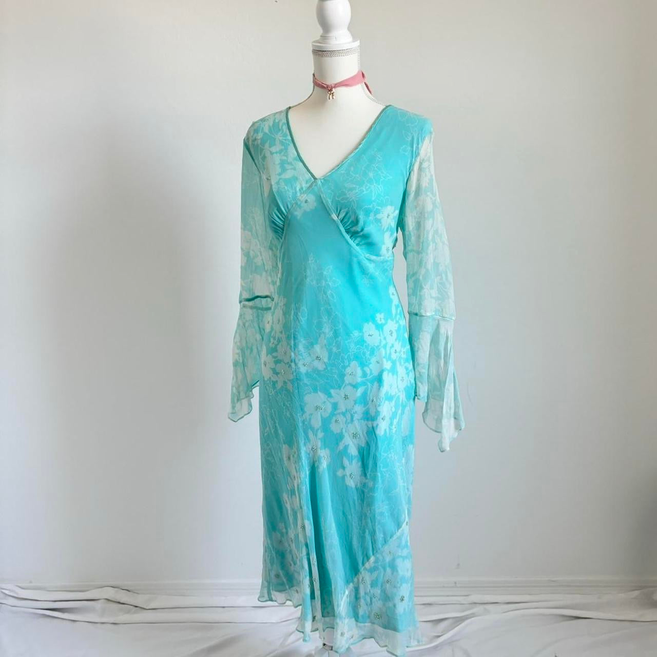 Vintage 90’s Silk Fairy Floral Aqua Dress (Extra Large)