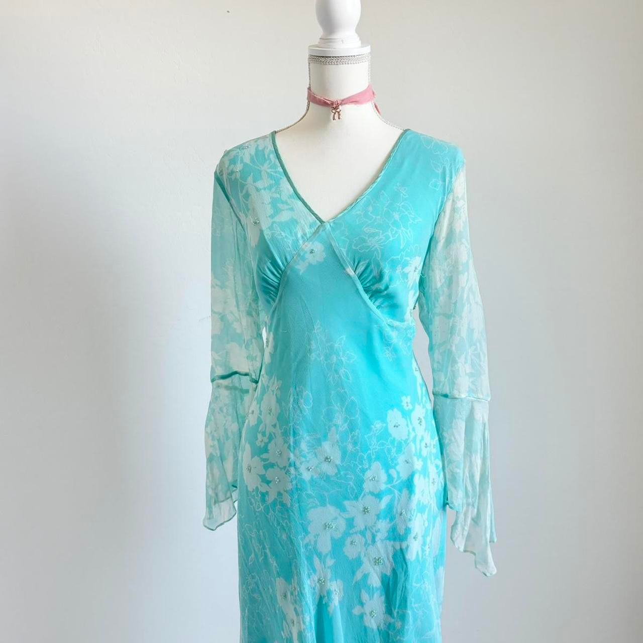 Vintage 90’s Silk Fairy Floral Aqua Dress (Extra Large)