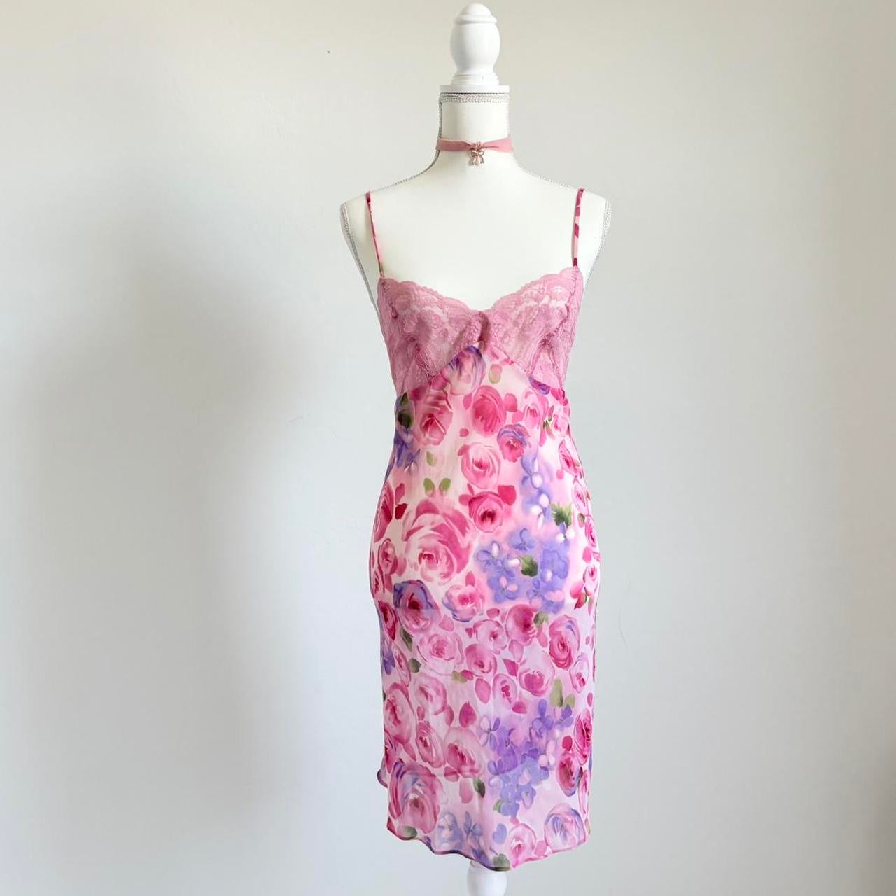 Vintage 90’s Floral Lingerie Rose Pastel Chiffon Dress (Medium)