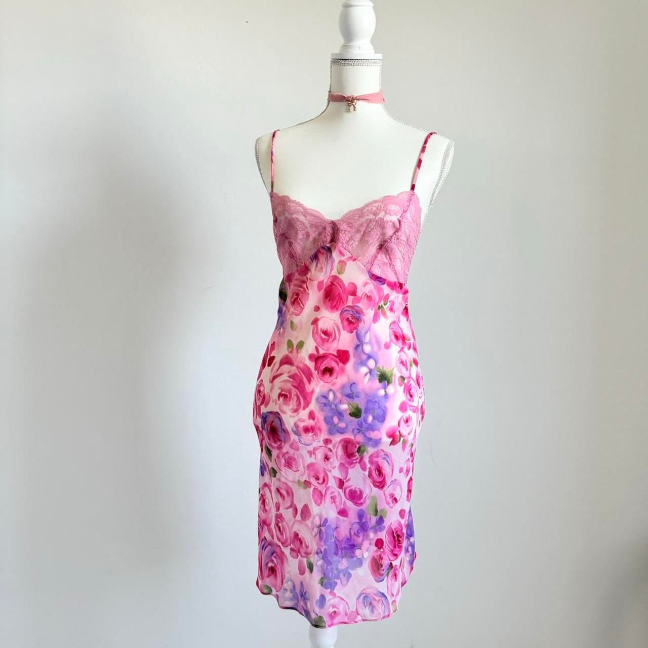 Vintage 90’s Floral Lingerie Rose Pastel Chiffon Dress (Medium)