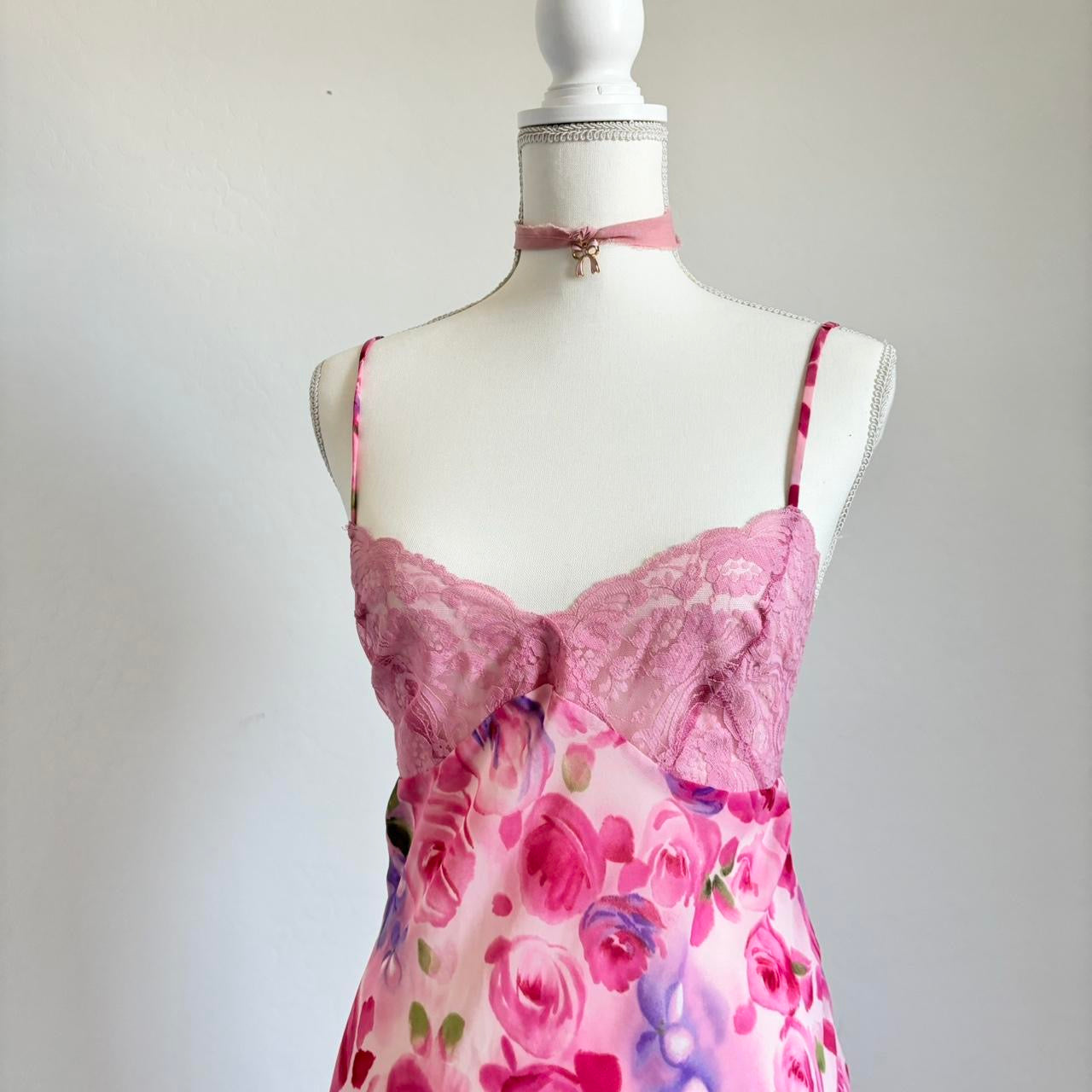 Vintage 90’s Floral Lingerie Rose Pastel Chiffon Dress (Medium)