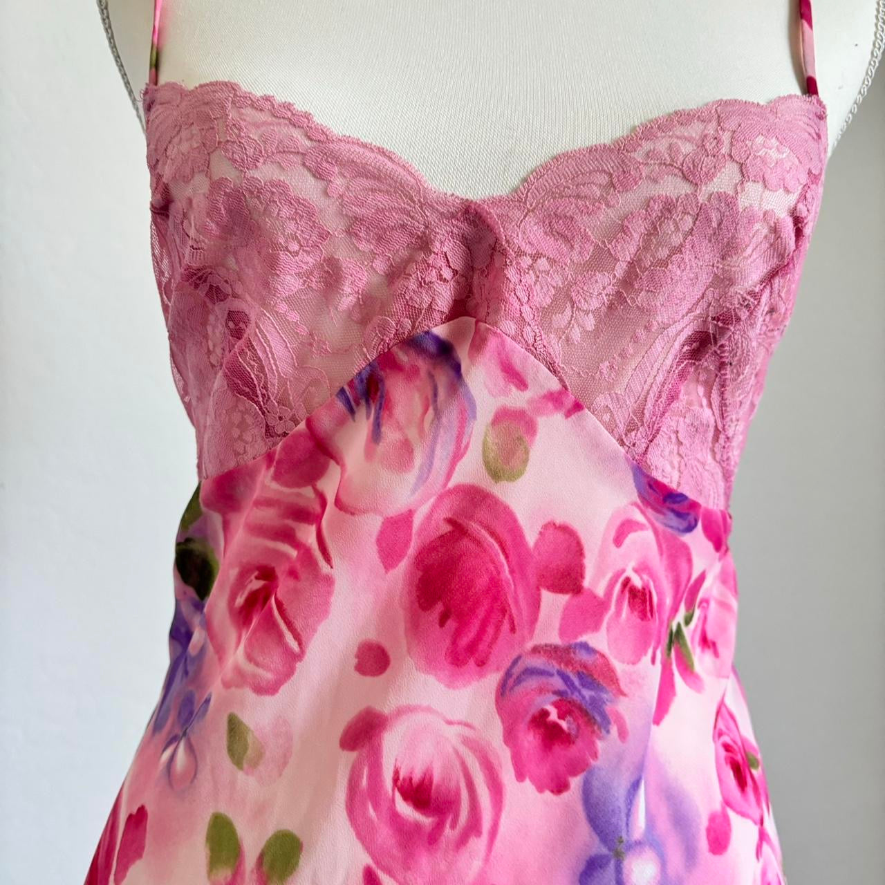 Vintage 90’s Floral Lingerie Rose Pastel Chiffon Dress (Medium)