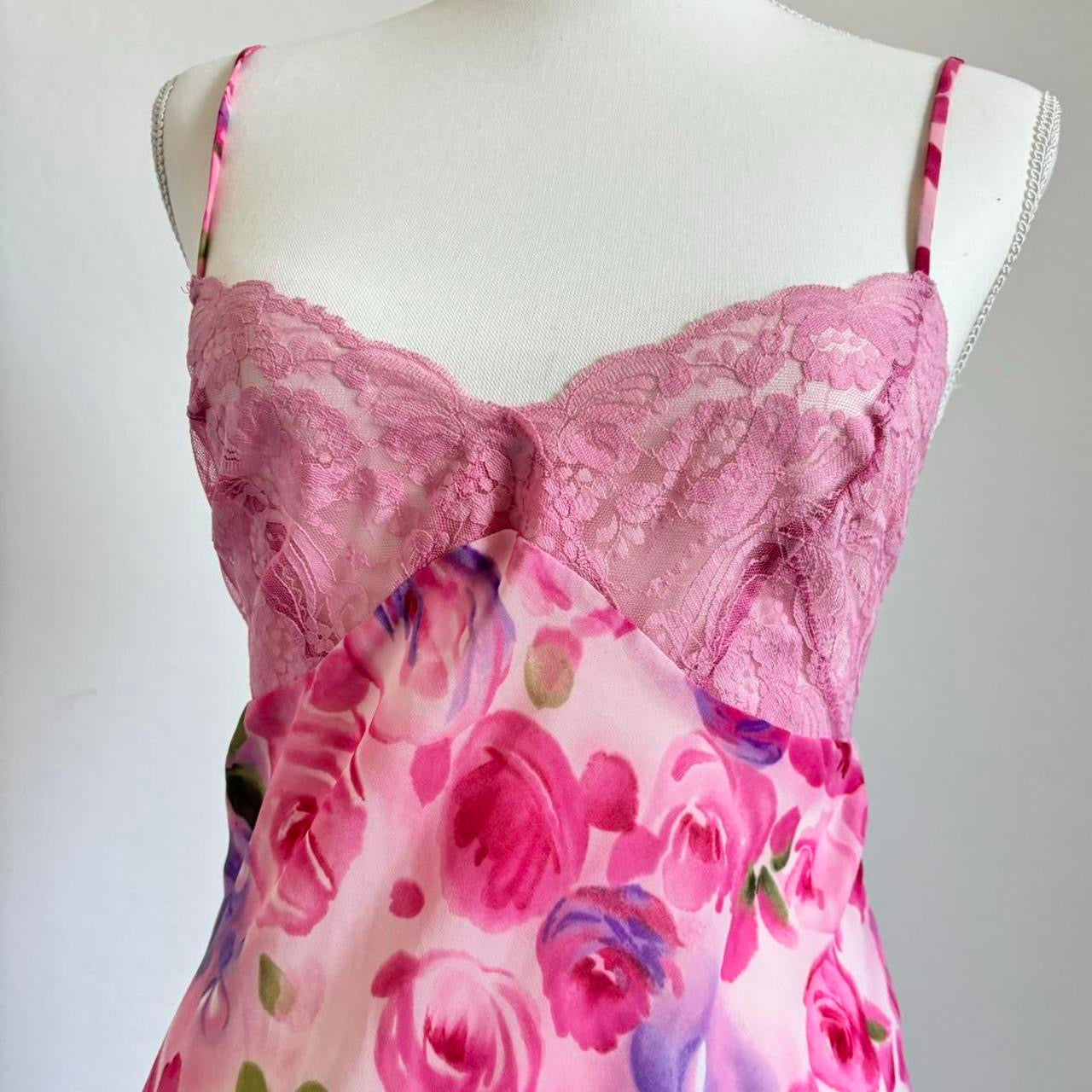 Vintage 90’s Floral Lingerie Rose Pastel Chiffon Dress (Medium)