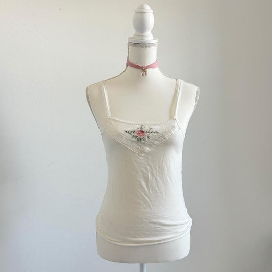 Vintage 1970’s Prairie Rare Embroidered Camisole Cream Top (Small)