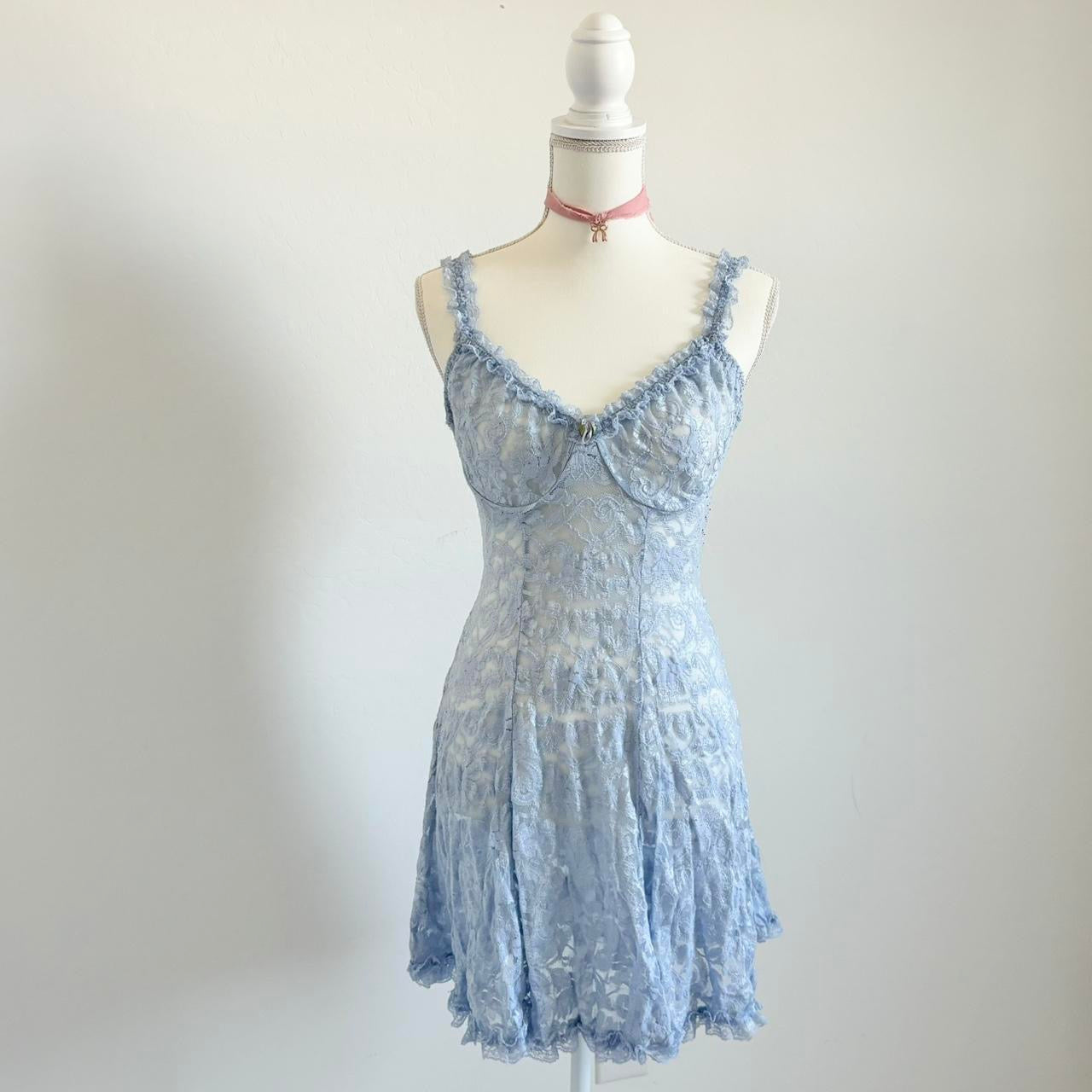 90’s Babydoll Pastel Blue Lace Mini Lingerie Dress (Large)