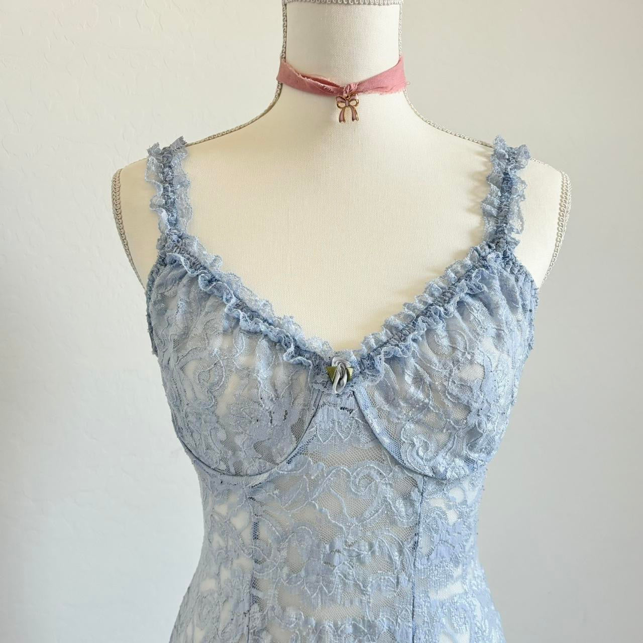 90’s Babydoll Pastel Blue Lace Mini Lingerie Dress (Large)