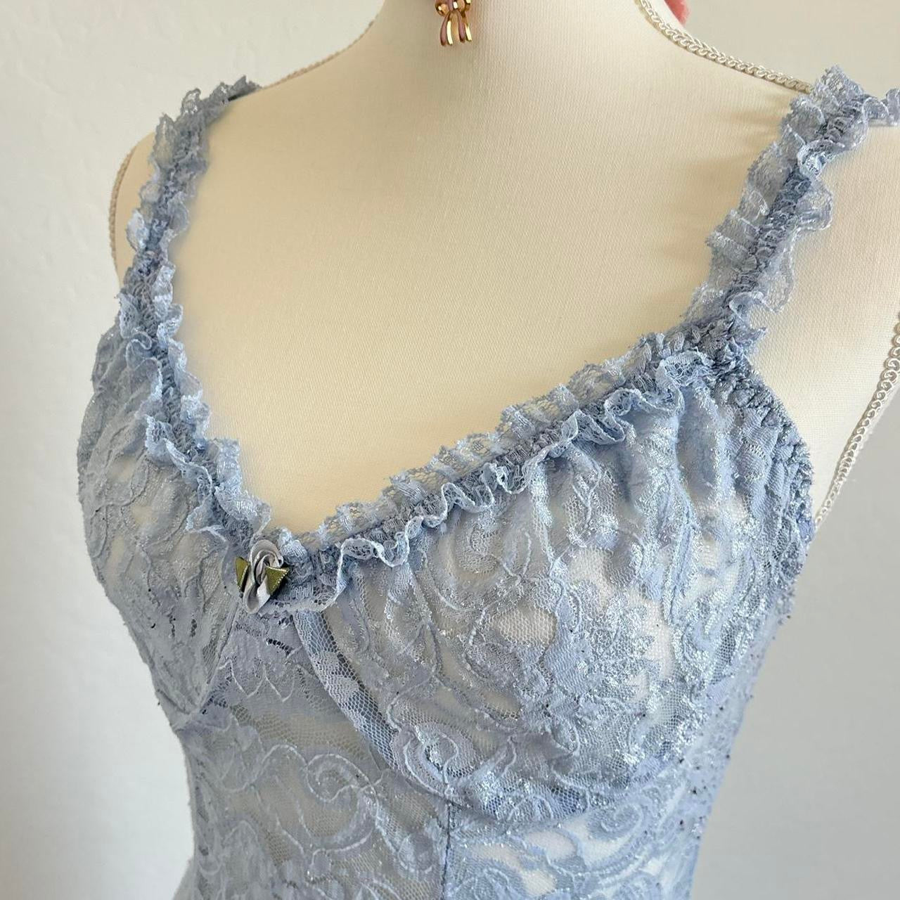 90’s Babydoll Pastel Blue Lace Mini Lingerie Dress (Large)