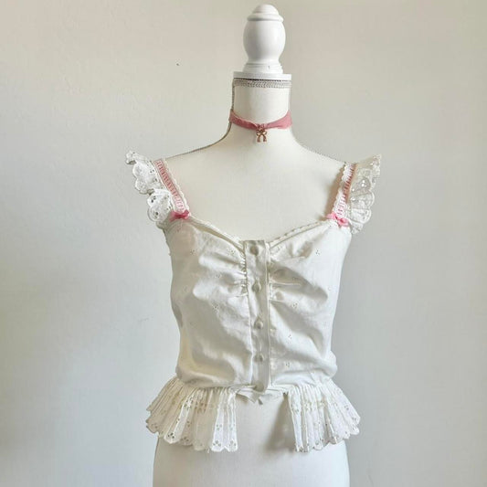 Vintage 1960’s Babydoll Crochet Pink Ribbon Prairie Button Up Corset Top (Small)