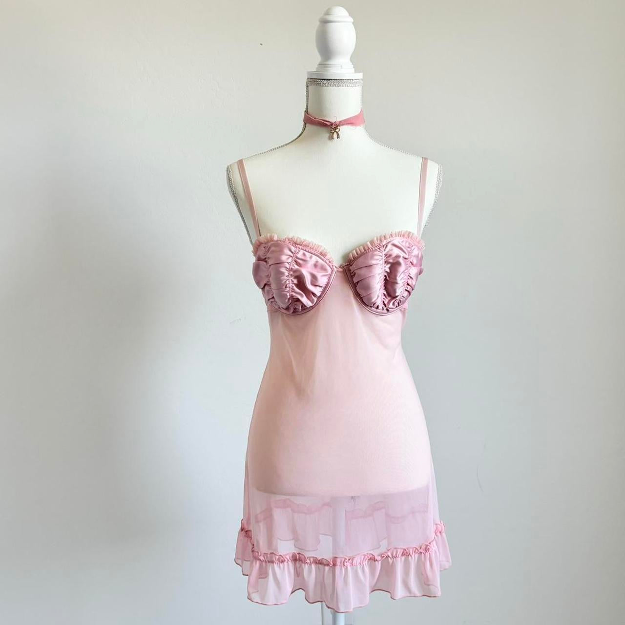 Vintage Pastel Pink Mesh Satin Ruffle Mini Lingerie Dress (Large)