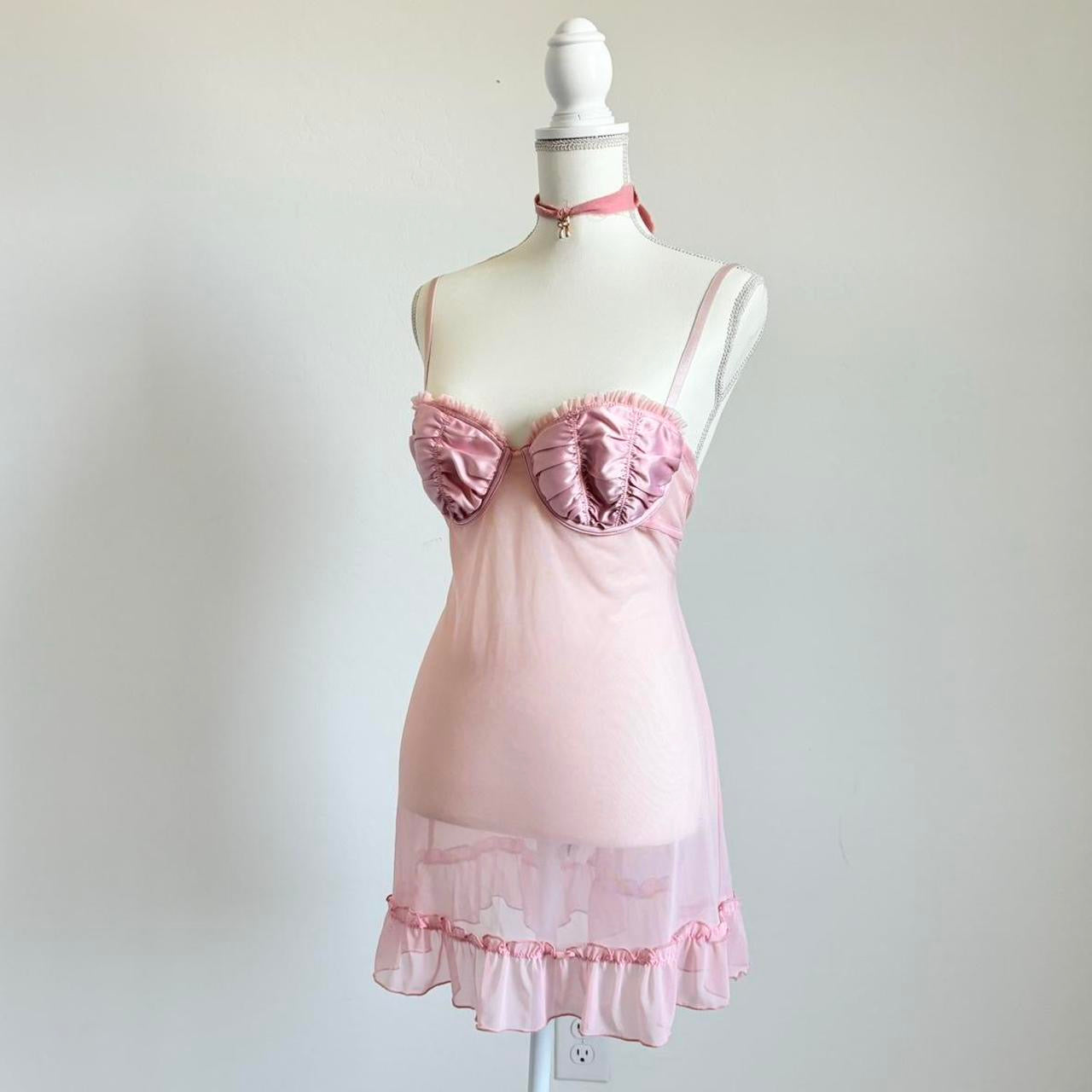 Vintage Pastel Pink Mesh Satin Ruffle Mini Lingerie Dress (Large)