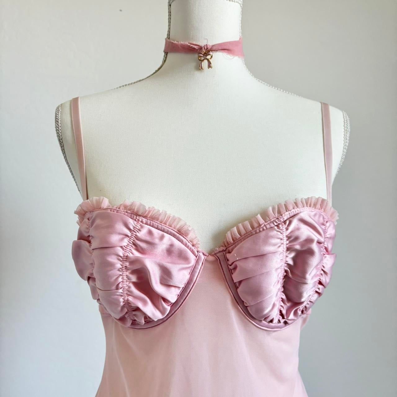 Vintage Pastel Pink Mesh Satin Ruffle Mini Lingerie Dress (Large)