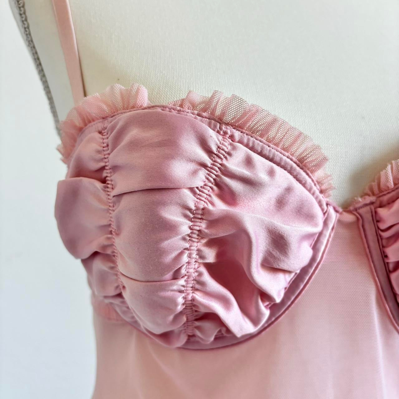 Vintage Pastel Pink Mesh Satin Ruffle Mini Lingerie Dress (Large)