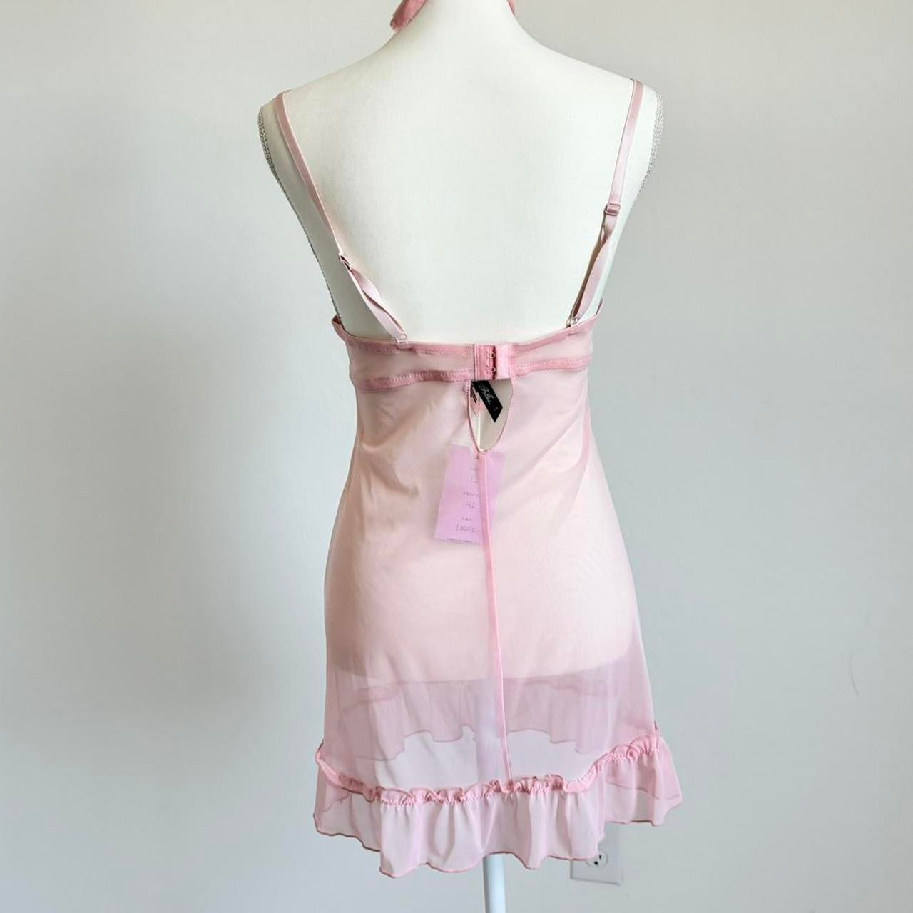 Vintage Pastel Pink Mesh Satin Ruffle Mini Lingerie Dress (Large)