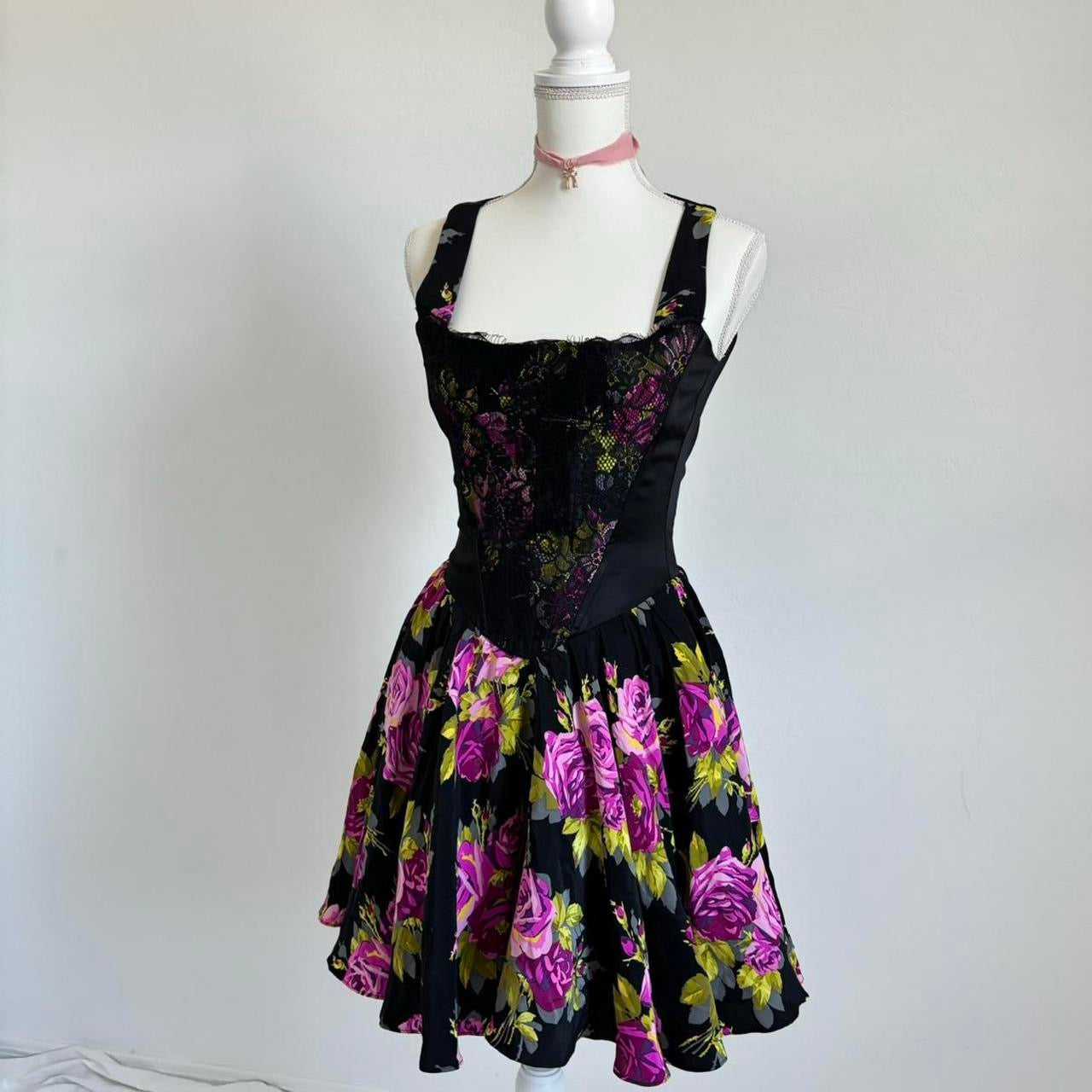 Betsey Johnson Floral Babydoll Mini Flare Corset Dress (Extra Small)