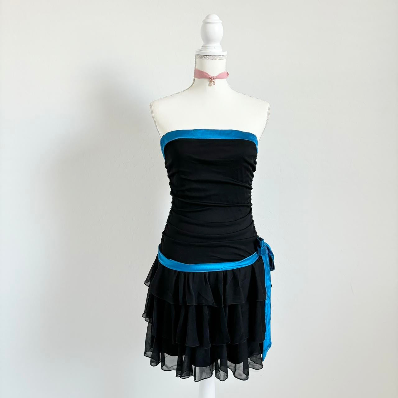 Vintage 90’s Midnight Babydoll Mini Ruched Ruffle Dress (Small)